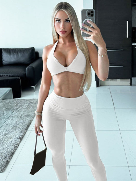 Backless High-Waisted Solid Color Zipper Halter-Neck Sports Bra&Leggings Suits