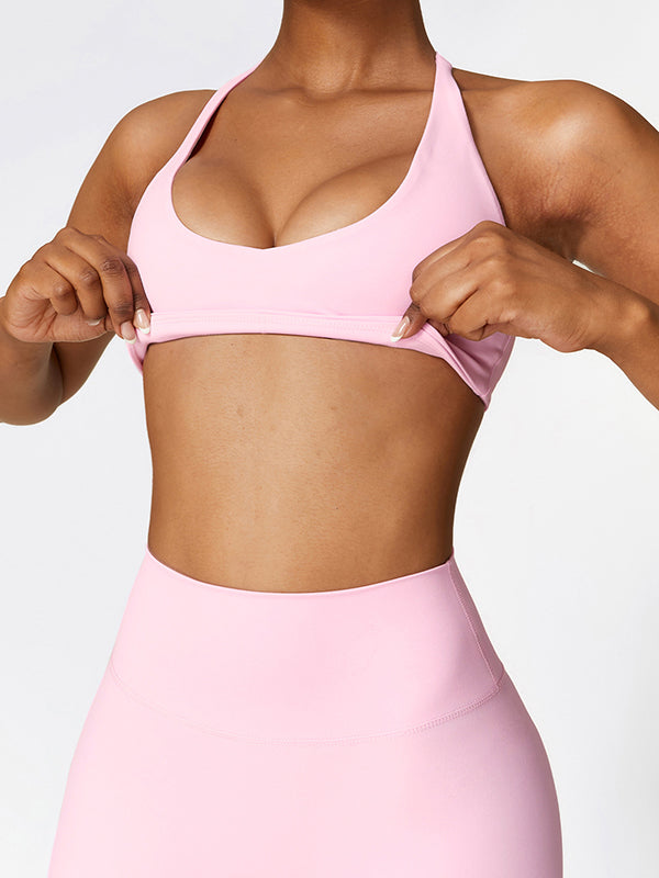 Skinny Wrap Hollow Solid Color Spaghetti-Neck Sports Bra