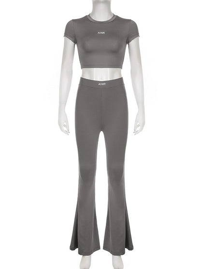 Cropped Letter Print Round-Neck Tee&Flared Pants Suits