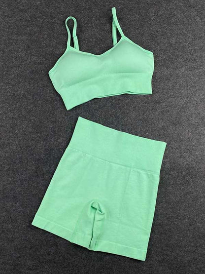 Solid Color Short Sleeve Slim High-Waisted Shorts Yoga Suit