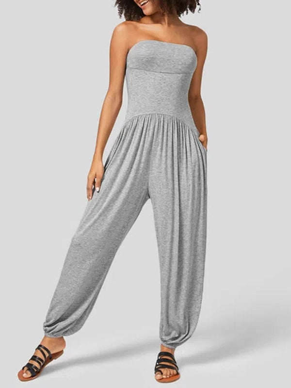 Loose Sleeveless Pleated Pockets Solid Color Tube Jumpsuits