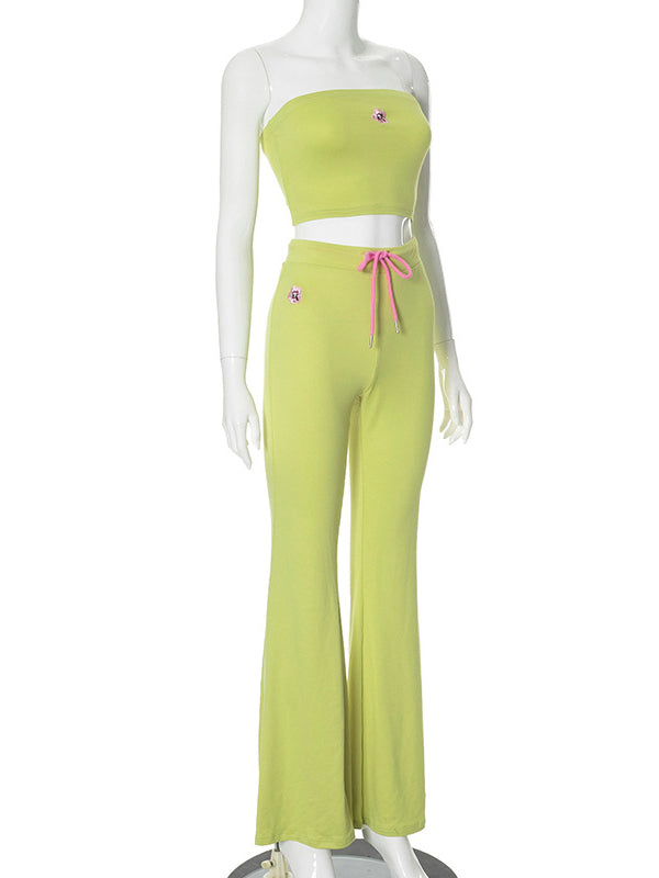 Cropped Flared Drawstring Embroidered Solid Color Tank&Pants Suits