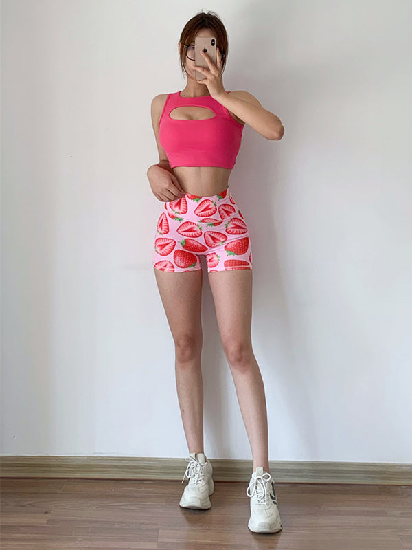 Wrap Contrast Color High-Waisted Fruit Printed Sports Shorts