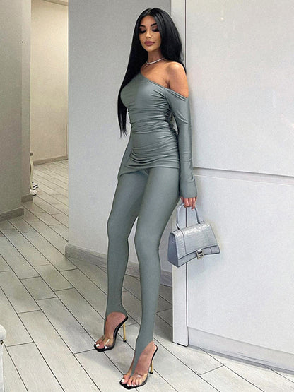 Skinny Wrap Hollow Pleated Solid Color One-Shoulder Shirts Tops&Pants Suits