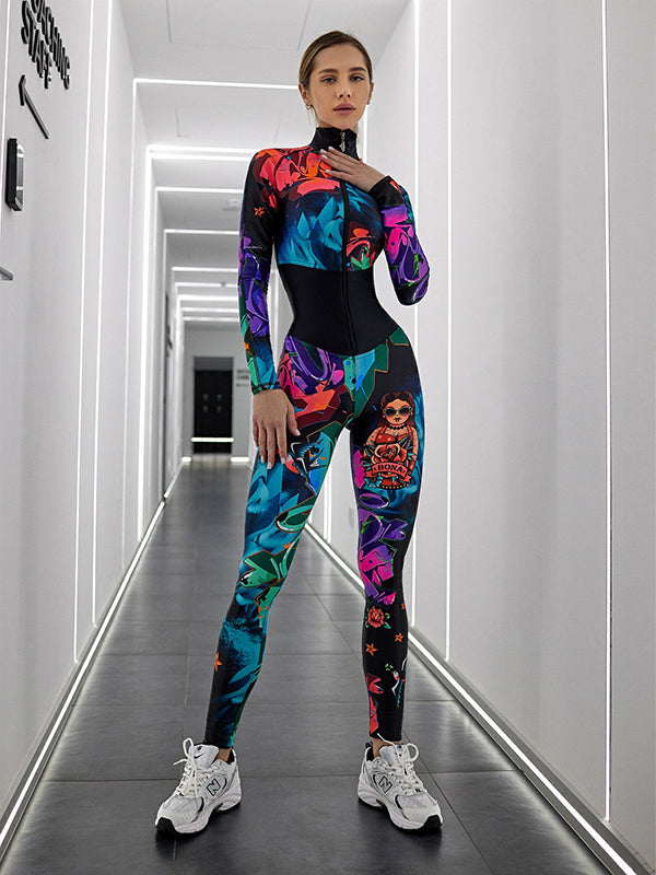 Long Sleeves Printed Split-Joint Zipper Jumpsuits