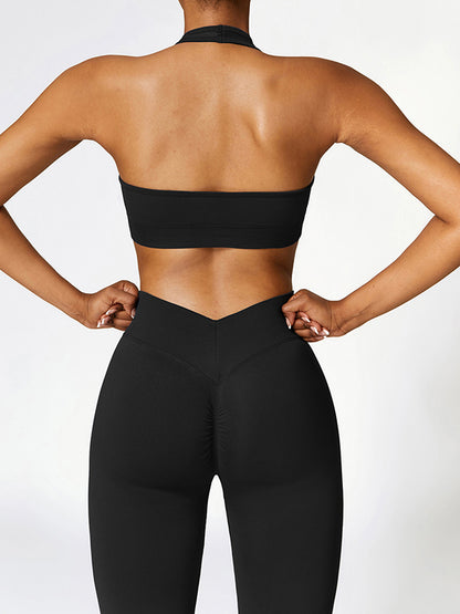 Skinny Wrap Backless Solid Color Halter-Neck Sports Bra