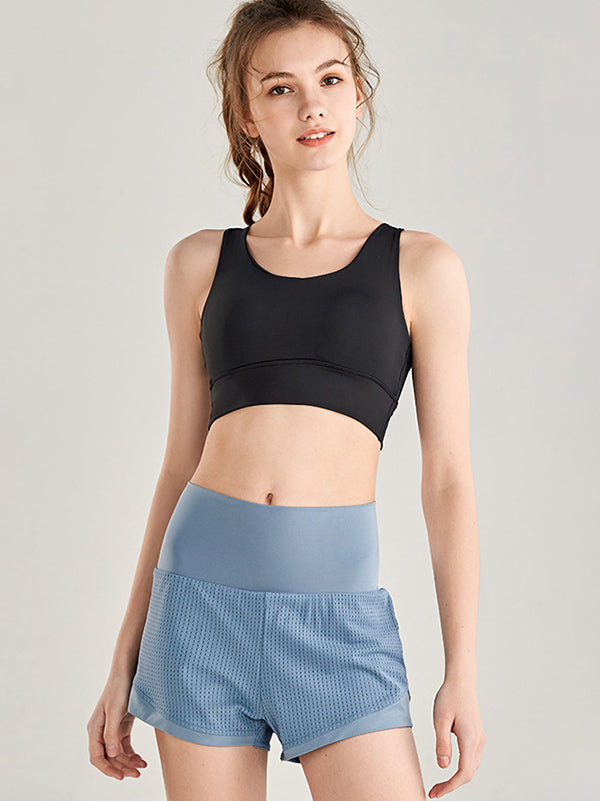 False Two Wrap Yoga Bottoms High-Waisted Pockets Solid Color Shorts