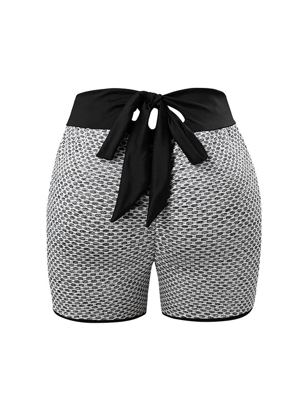 Honeycomb Hollow Contrast Color Bow-Embellished Wrap Sports Shorts