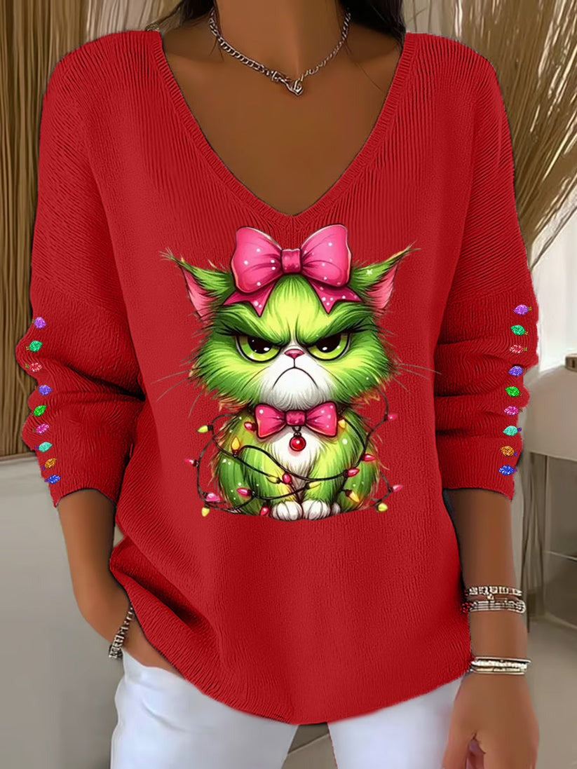 Fun Christmas Cat Casual V Neck Pullover Sweater