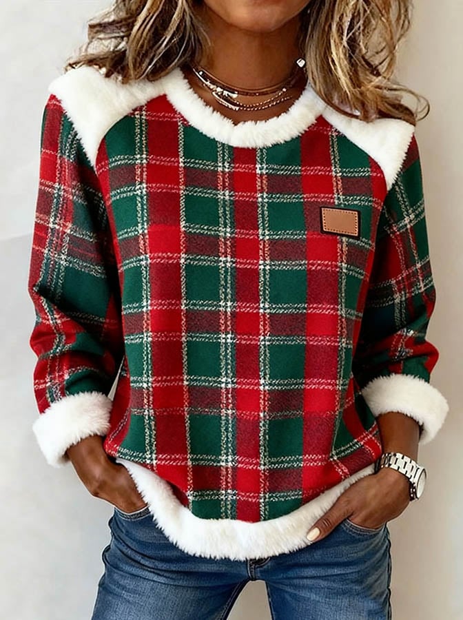 Women's Casual Christmas Plaid Stitching Contrast Color Top