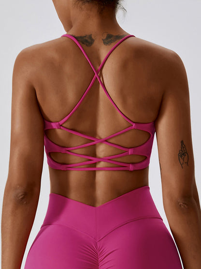 Back Cross Hollow Solid Color Spaghetti-Neck Sports Bra