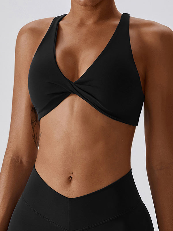 Wrap Back Cross Hollow Solid Color V-Neck Sports Bra