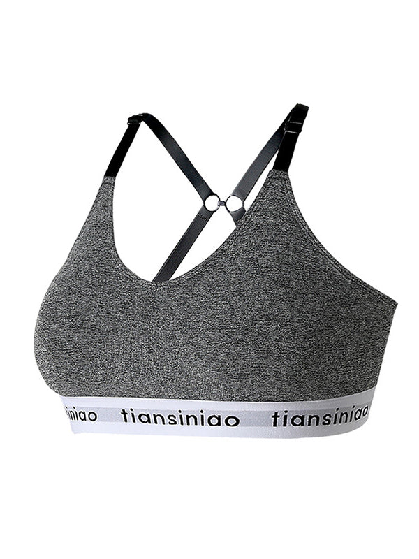 Back Cross Letter Print Wrap Solid Color Spaghetti-Neck Sports Bra