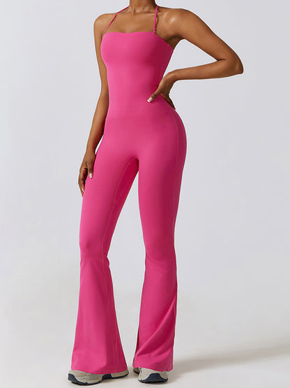 Flared Pants Skinny Leg Backless Detachable Solid Color Halter-Neck Jumpsuits