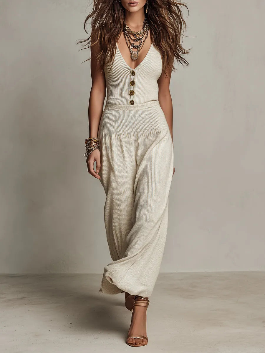 Vintage Knitted Button-down Sleeveless Maxi Dress
