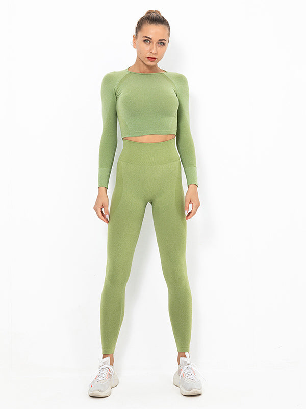 Seamless Knitting Long Sleeves Mdriff Baring Gym Suits