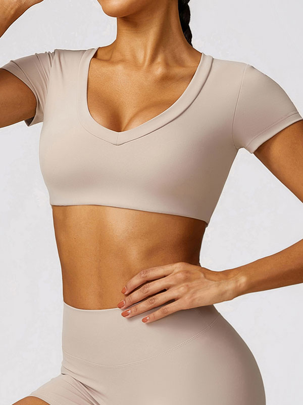 Long Sleeves Wrap Solid Color V-Neck Yoga Tops