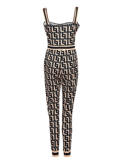 Skinny Sleeveless Belted Color-Block Printed Split-Joint Spaghetti-Neck Bodysuits