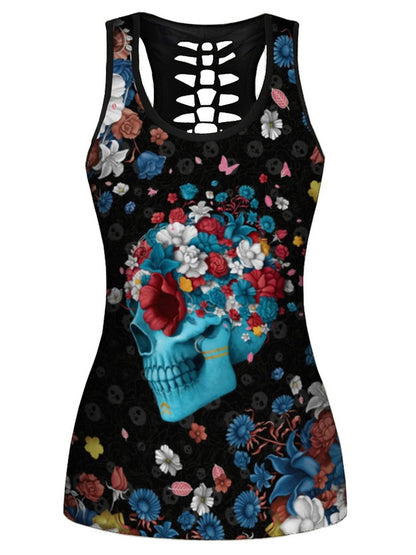 Skull Printed Hollowed Vest&Leggings Sports Suits