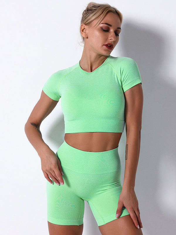 Solid Color Short Sleeve Slim High-Waisted Shorts Yoga Suit