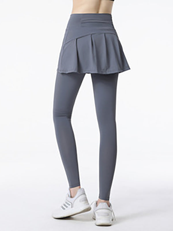 False Two Wrap High-Waisted Solid Color Sports Shorts&Leggings