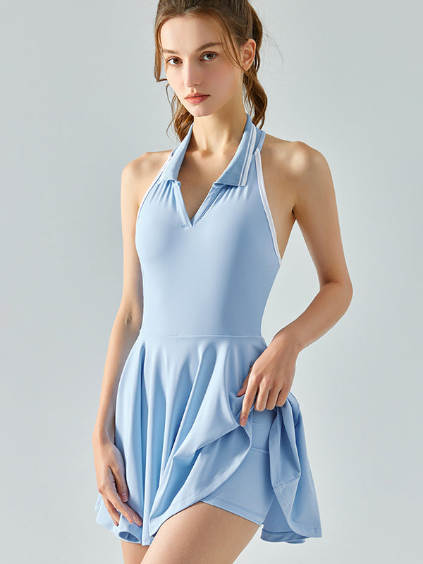 Sleeveless Backless Color-Block Halter-Neck Sports Dresses