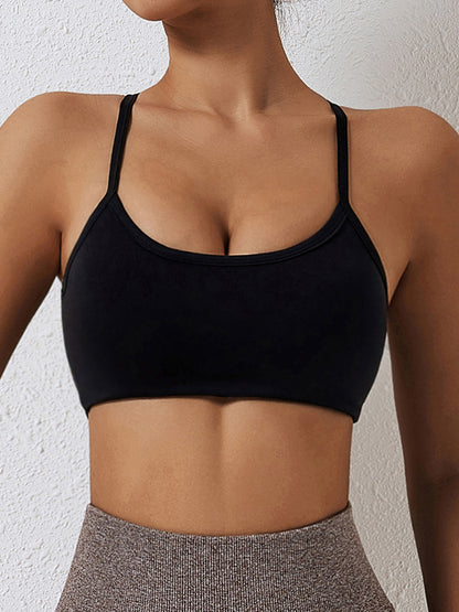 Wrap Back Cross Solid Color Spaghetti-Neck Sports Bra