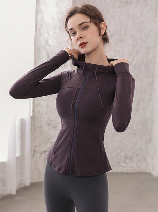 Skinny Wrap Hooded Solid Color Zipper Yoga Tops