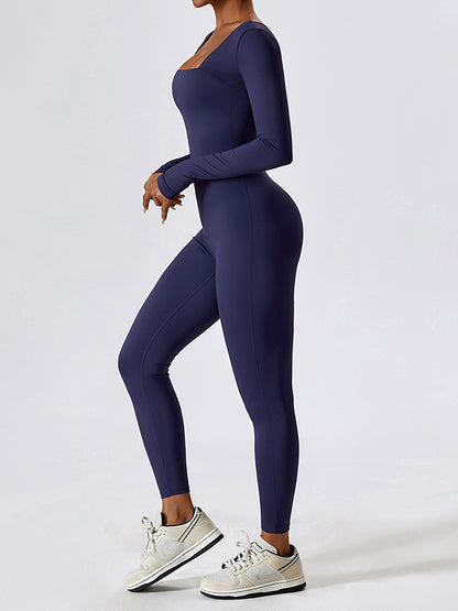 Long Sleeves Skinny Solid Color Square-Neck Yoga Jumpsuits