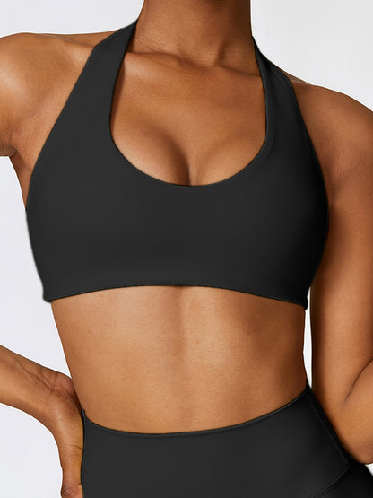 Skinny Wrap Backless Solid Color U-Neck Sports Bra