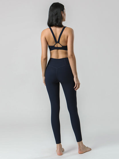 Back Cross Solid Color High-Waisted Bra&Leggings Sports Suits