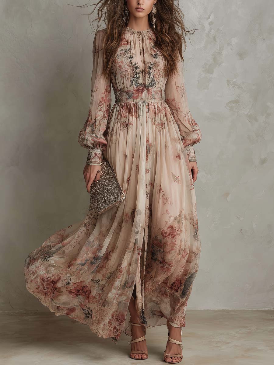 Vintage Floral Chiffon High-Neck Maxi Dress