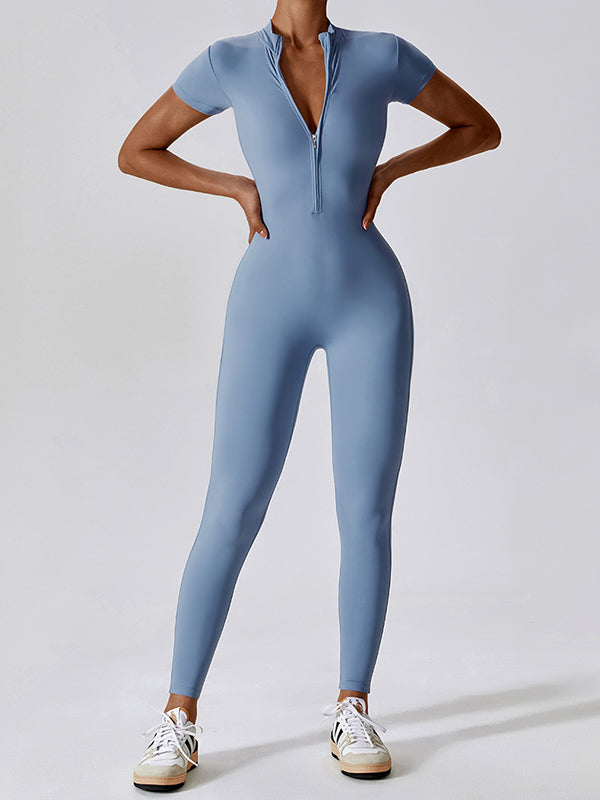 Wrap Solid Color Zipper High-Neck Yoga Jumpsuits