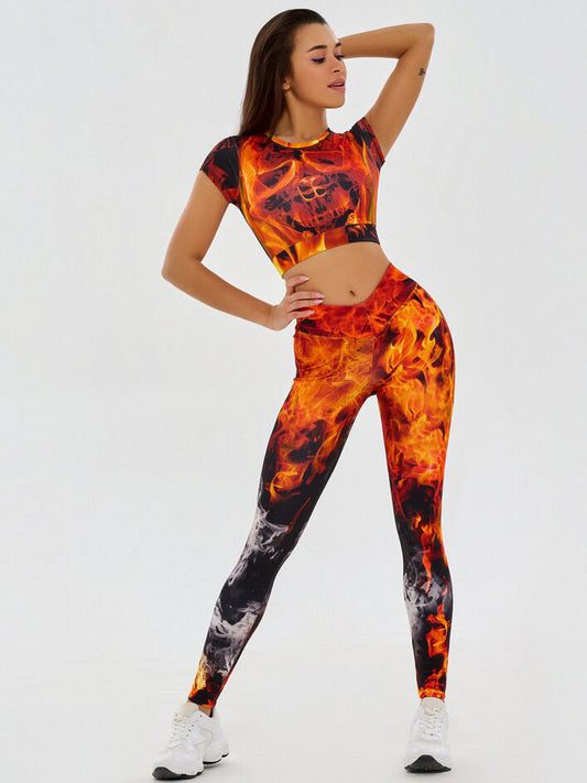 Fire Skull Printed Tees&Leggings Sports Suits