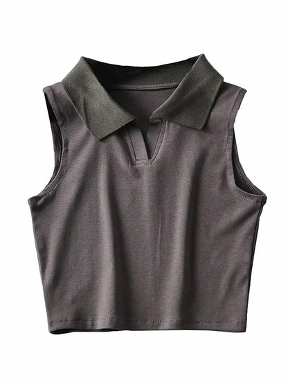 Solid Color Sleeveless Lapel Sports Casual Tanks