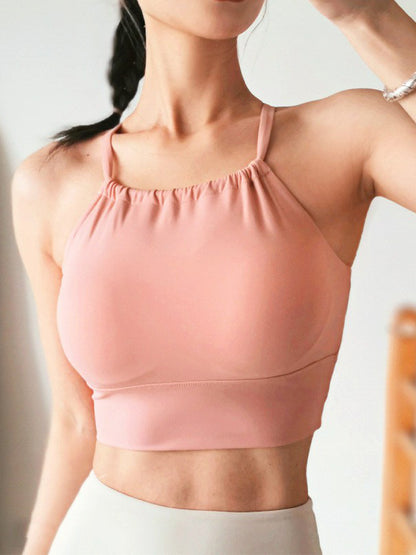 Sleeveless Wrap Back Cross Ruffled Spaghetti-Neck Sports Bra