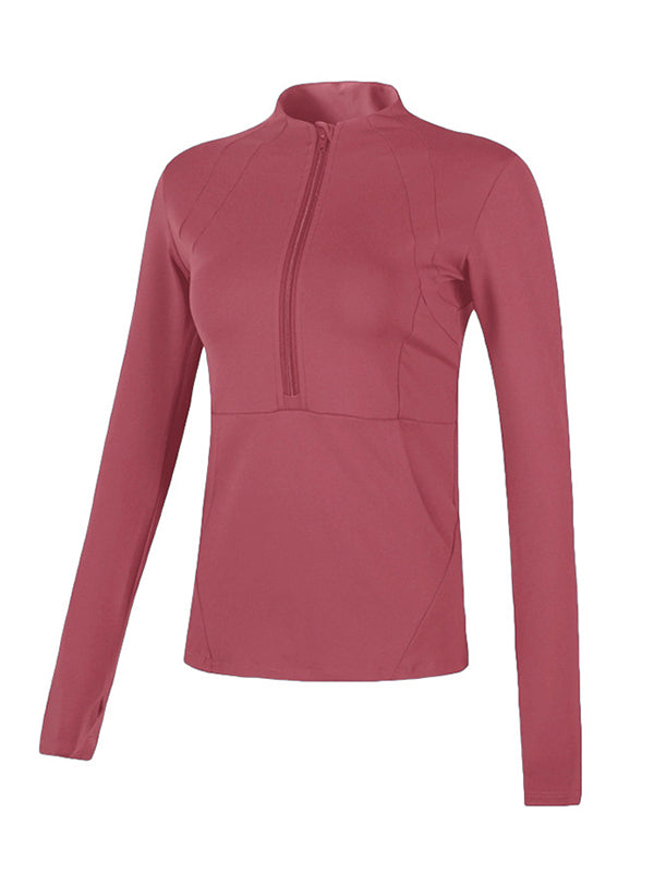 Long Sleeves Skinny Pockets Solid Color Zipper Yoga Tops