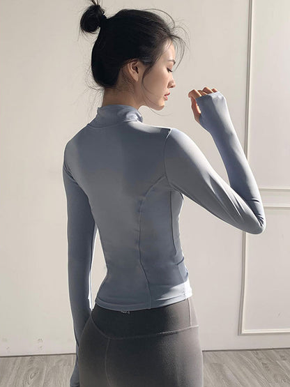 Long Sleeves Skinny Solid Color Zipper Stand Collar Yoga Tops