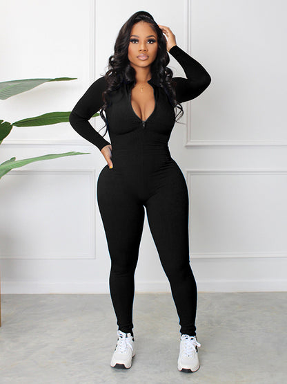 Skinny Solid Color Zipper Jumpsuits