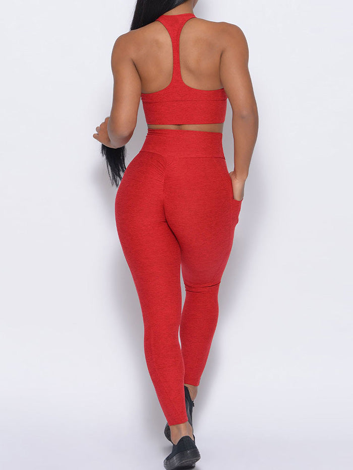 Backless Bra & Peach Hip Drawstring Legging Fitness Suit