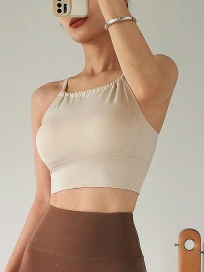 Sleeveless Wrap Back Cross Ruffled Spaghetti-Neck Sports Bra