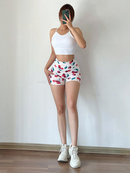 Wrap Contrast Color High-Waisted Fruit Printed Sports Shorts