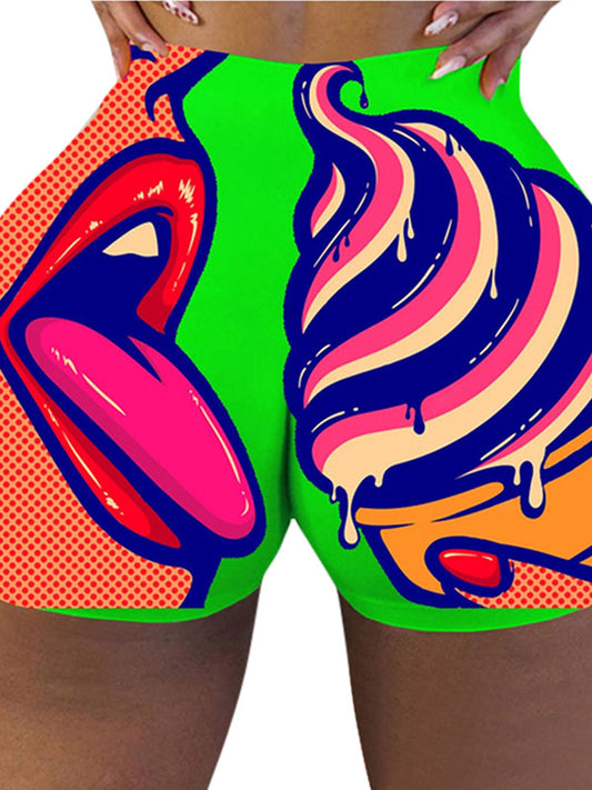 Fluorescent Abstract Print High-Waisted Hip Lift Sports Shorts