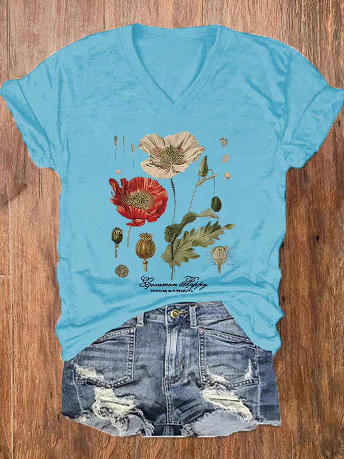 Floral Graphic Print V-neck Women's T-shirt