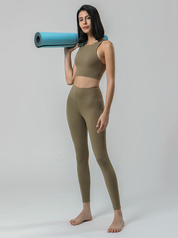 Breathable Solid Color High-Waisted Pockets Yoga Suits