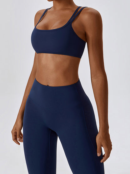 Wrap Back Cross Hollow Solid Color Spaghetti-Neck Sports Bra