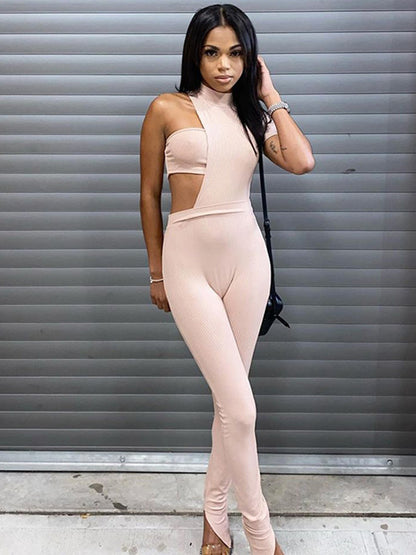 Hollowed Cropped Solid Color Wrap Jumpsuits