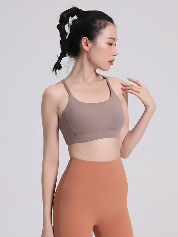 Skinny Wrap Hollow Solid Color V-Back Spaghetti-Neck Sports Bra