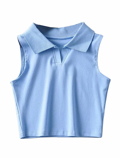 Solid Color Sleeveless Lapel Sports Casual Tanks