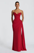 White / Red Strapless Cowl Neck Lace-Up Backless Draped Ruched Bodycon Mermaid E